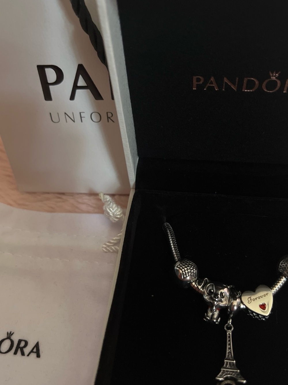 Pandora Silver Charm Bracelet with Eiffel Tower, Heart and Dog Charms